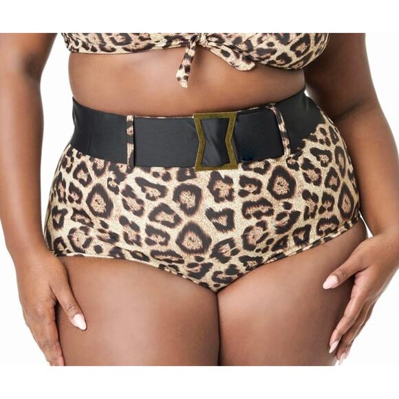 Unique Vintage Retro Leopard Belted High Waist Swim Bikini Bottom 1X NWOT - Picture 2 of 3